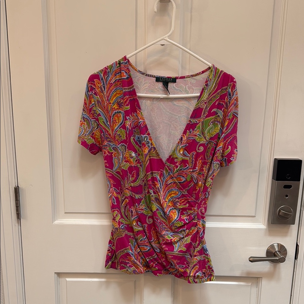 Ralph Lauren L GUC Pink Wrap Blouse with Short Sleeves